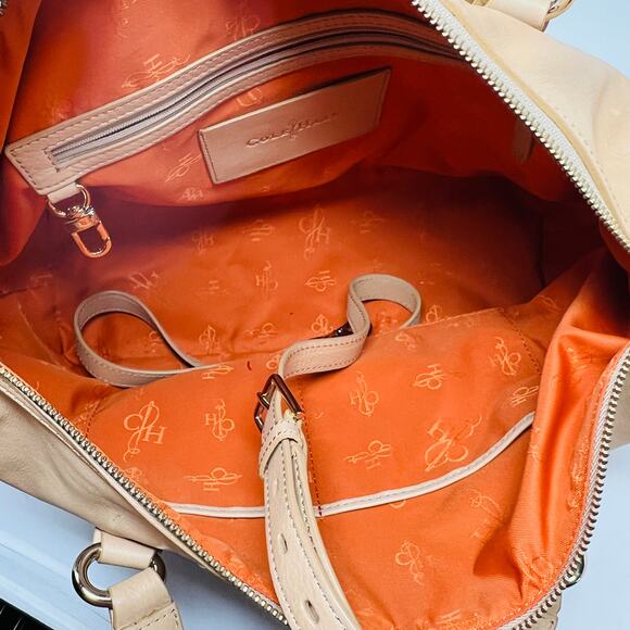 Cole Haan Smooth Leather Basket Weave Shoulder Bag Satchel Tan Gold - Picture 8 of 9